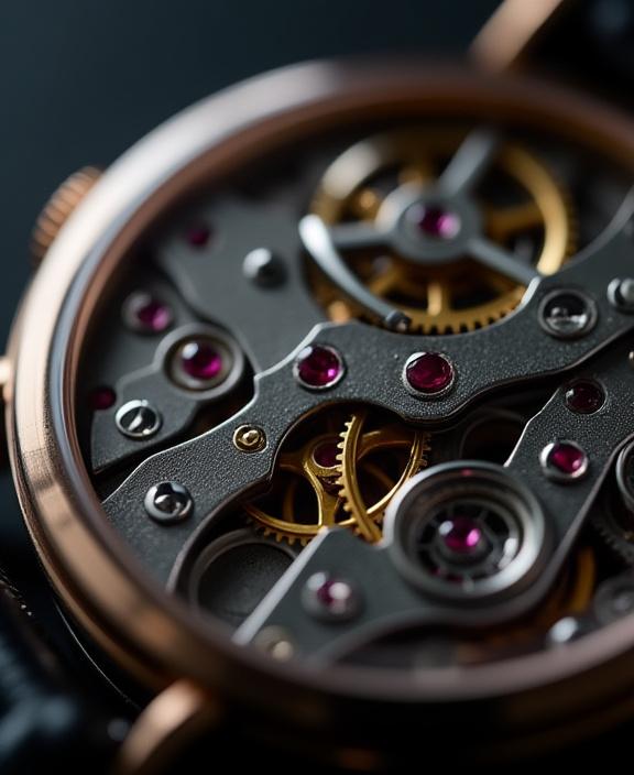 시계 무브먼트의 정교한 부품을 클로즈업한 사진