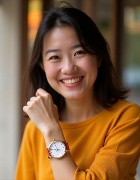 여성 고객이 팔에 시계를 착용하고 카메라를 보며 미소 짓는 모습