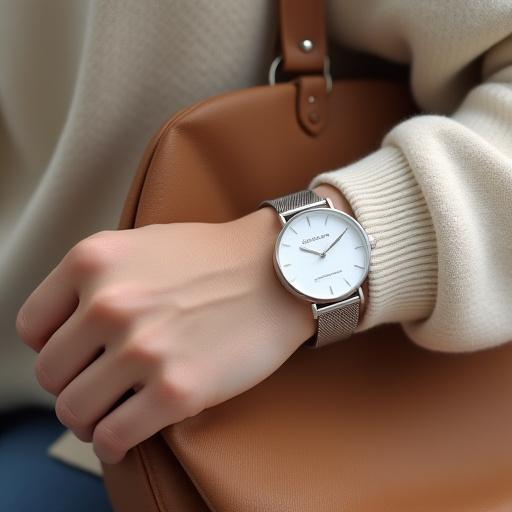 편안한 니트웨어에 메쉬 실버 시계를 착용한 모습