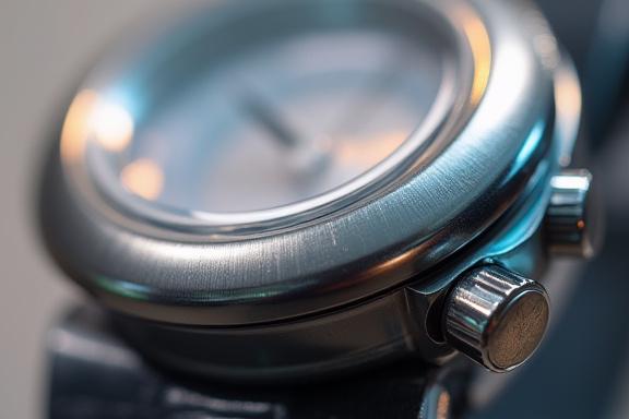 시계 케이스의 광택 있는 스틸 질감을 보여주는 사진